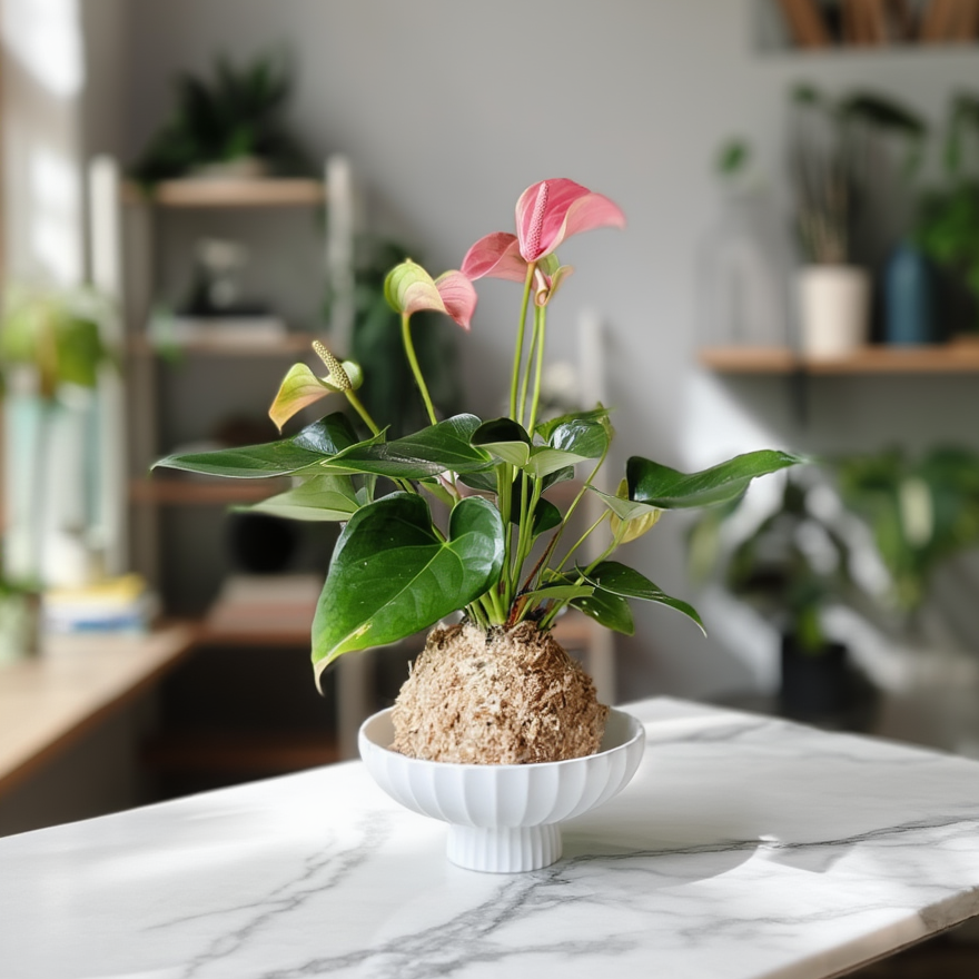 Red Anthurium Kokedama Moss Ball in Ceramic Stand – Elegant Indoor Flowering Plant