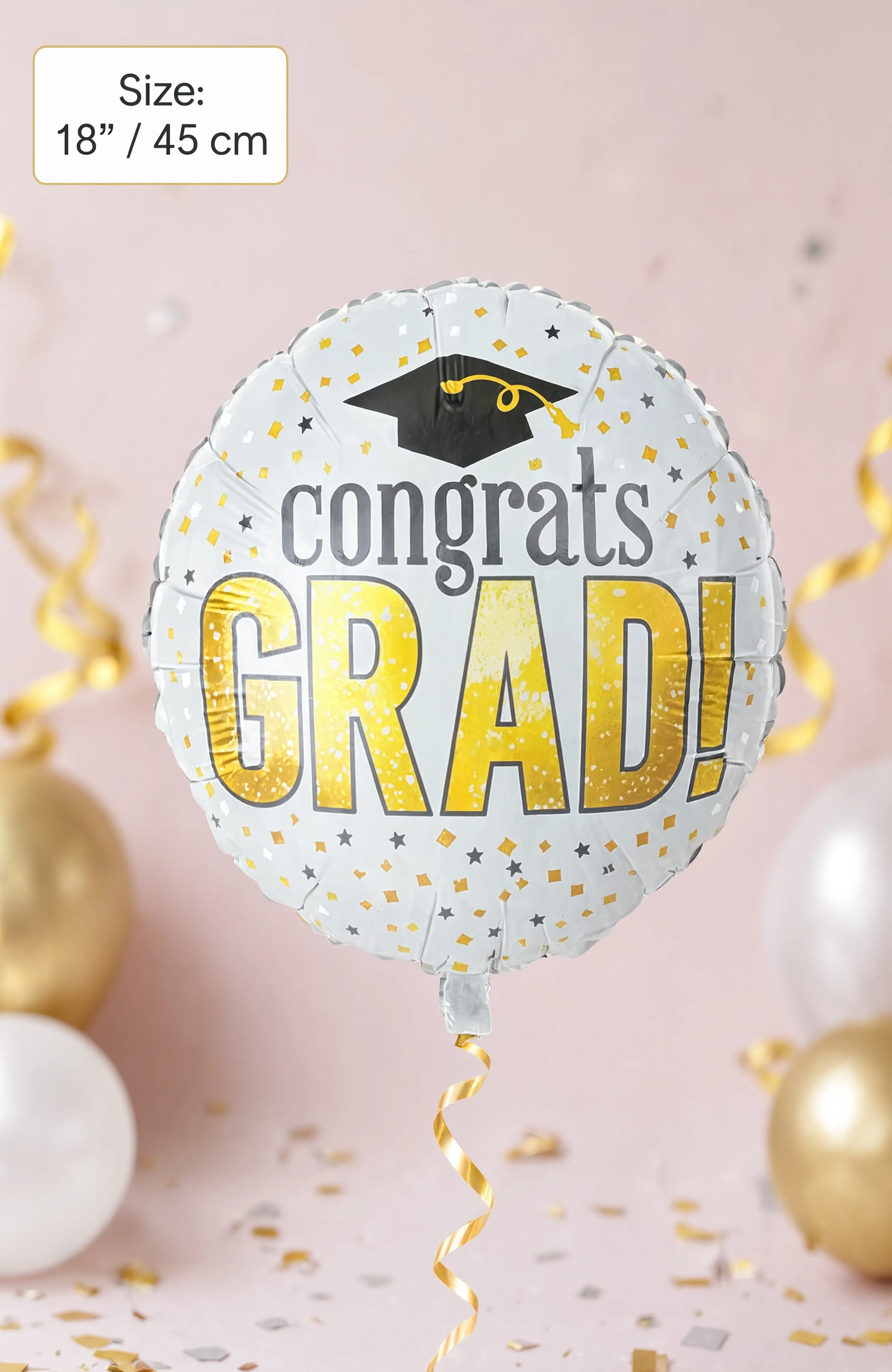 18-inch white round Congrats Grad foil balloon with gold lettering, graduation cap, and confetti design for graduation celebrations.