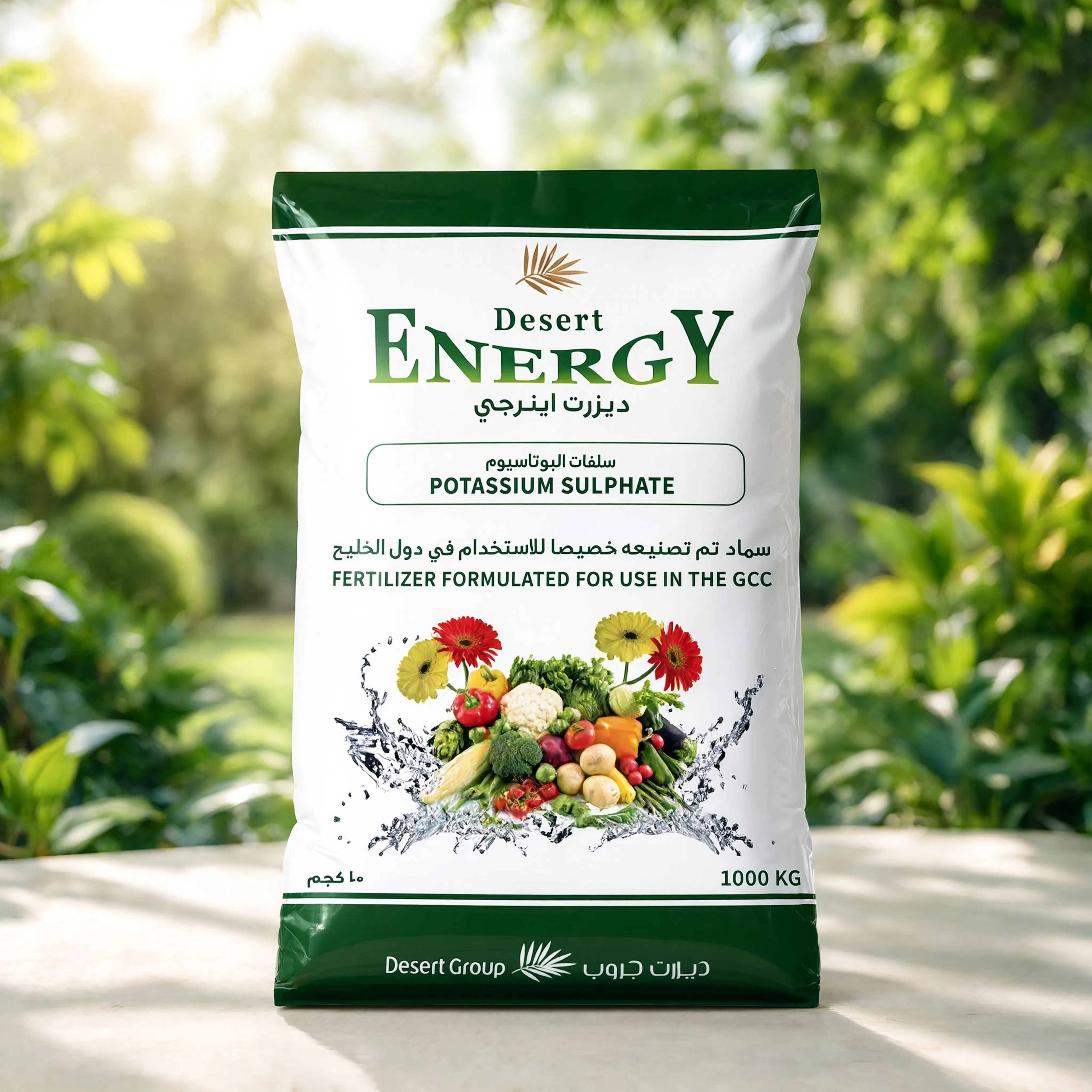 Desert Energy Potassium Sulphate fertilizer bag for vegetables, fruit trees, flowering plants, and commercial agriculture in the UAE.
