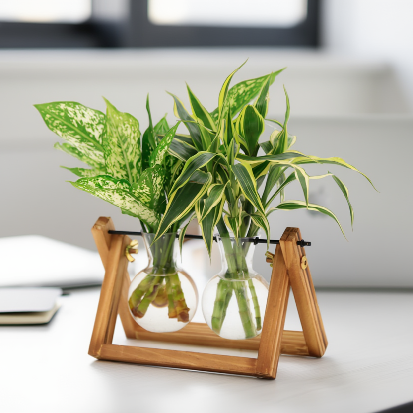 Hydroponic Indoor Plant Duo in Glass Vases with Wooden Stand – Aglaonema & Dracaena Decorative Desk Plant Set