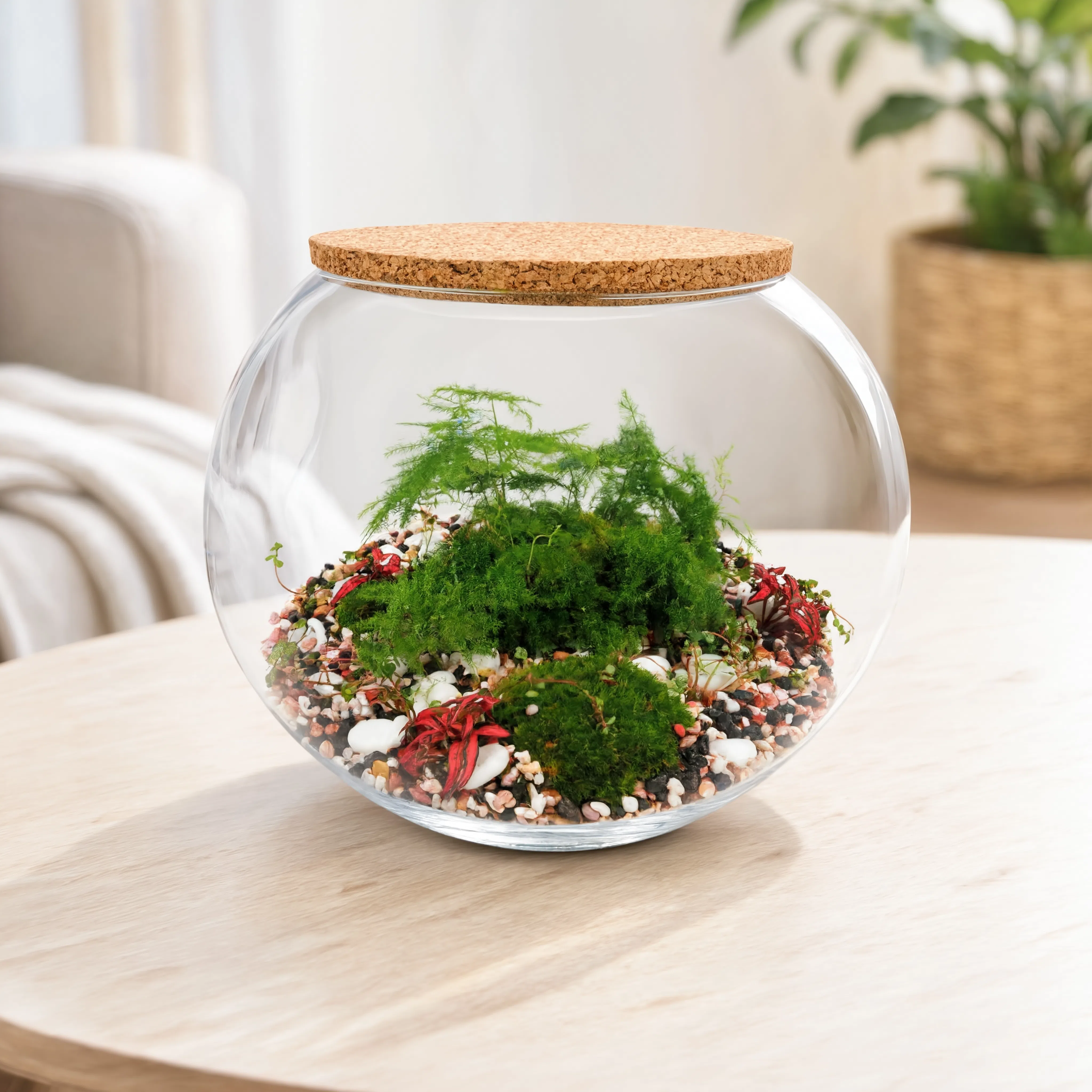 Handmade moss and fern glass bowl terrarium with decorative pebbles, preserved moss, lush green ferns, and cork lid for modern indoor décor.