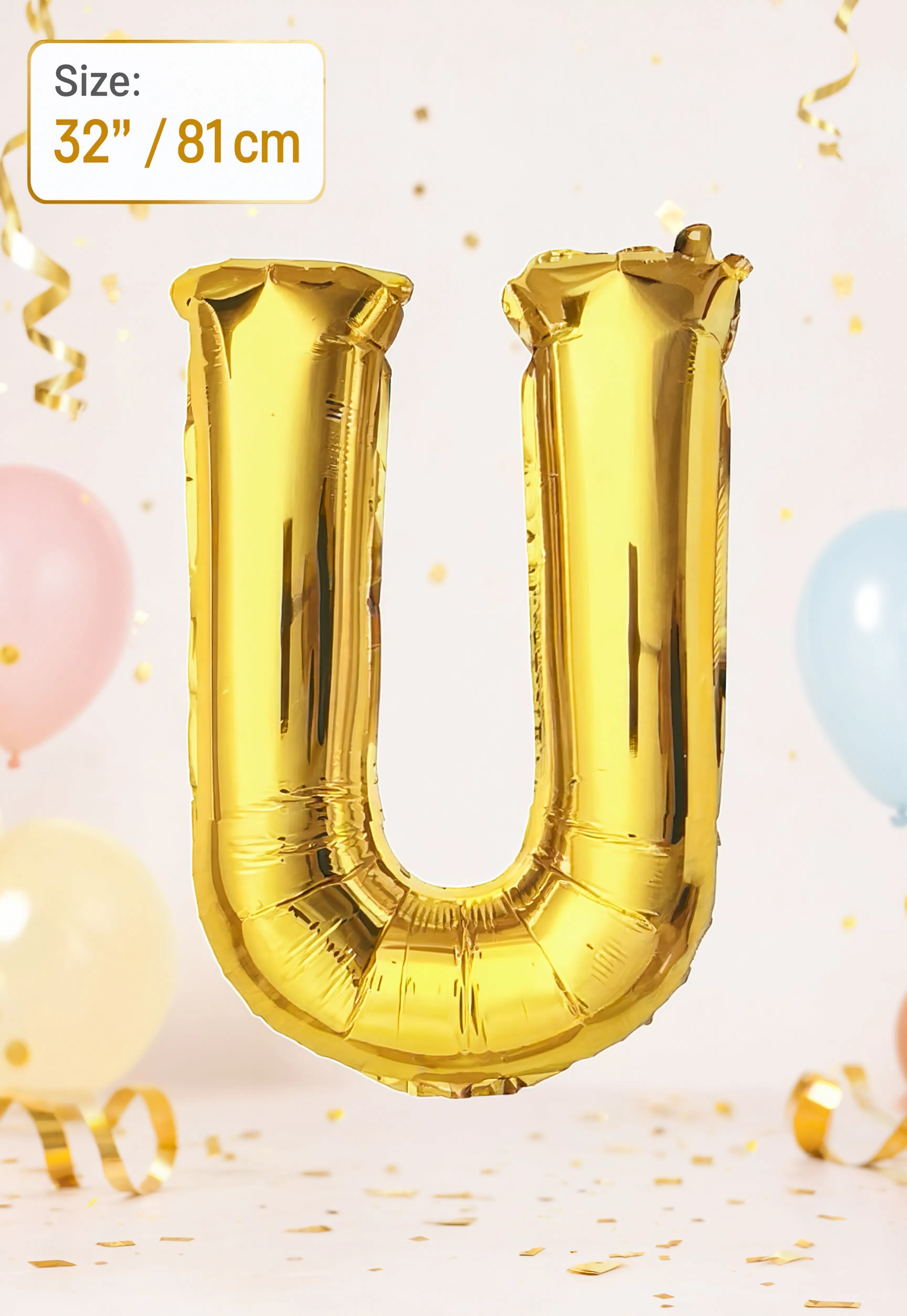 Gold Letter U foil balloon 32 inch (81 cm) metallic alphabet balloon for birthday, wedding, baby shower, anniversary, party decoration, and same-day balloon delivery in Dubai.