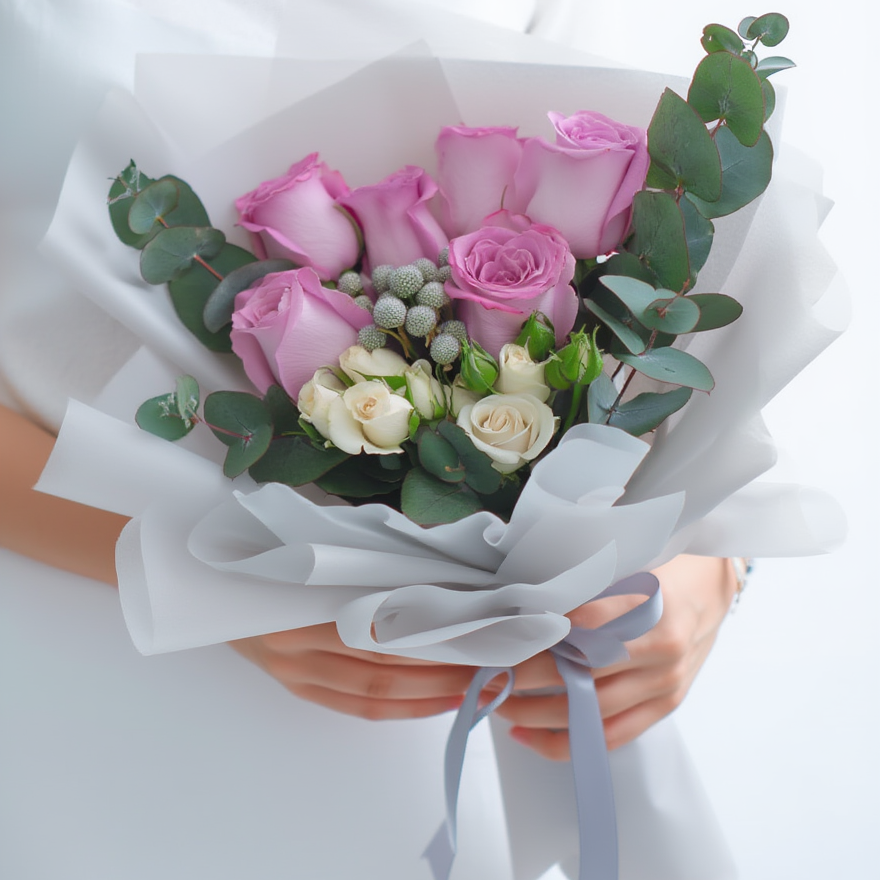 Bouquet of pink and white roses with greenery held by a person on a light background