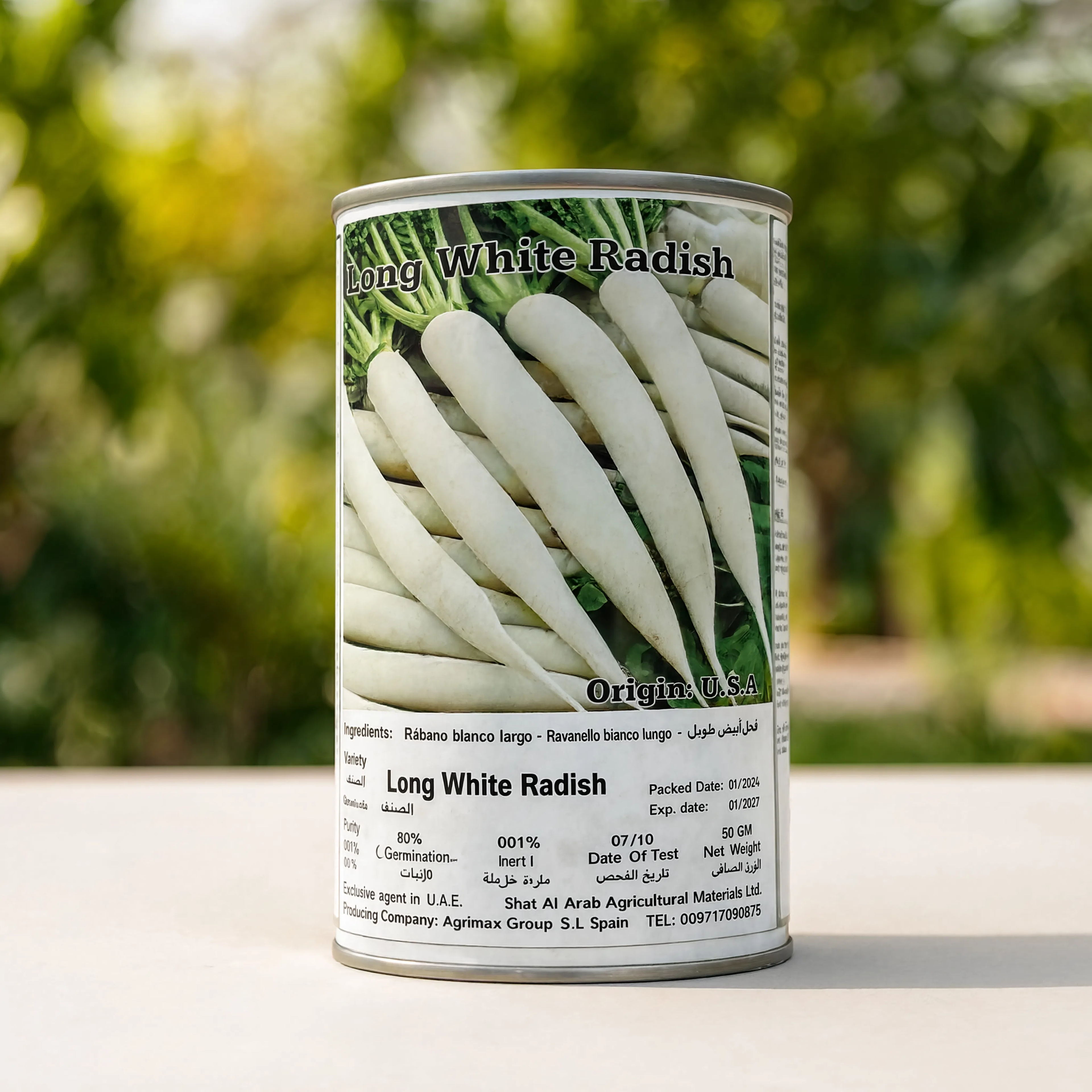 Long White Radish seeds 50g tin for growing long white daikon radishes in home gardens, raised beds, greenhouses, and vegetable farms.