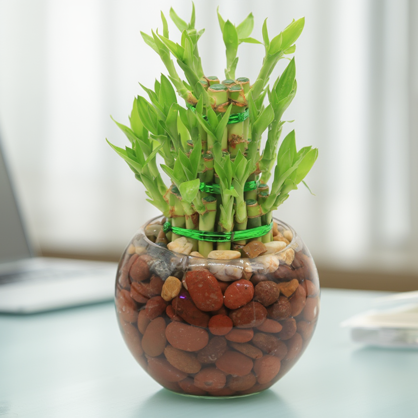 Multi-Layer Lucky Bamboo Hydroponic Indoor Plant in Glass Bowl with Natural Pebbles – Feng Shui Good Luck Desk Plant