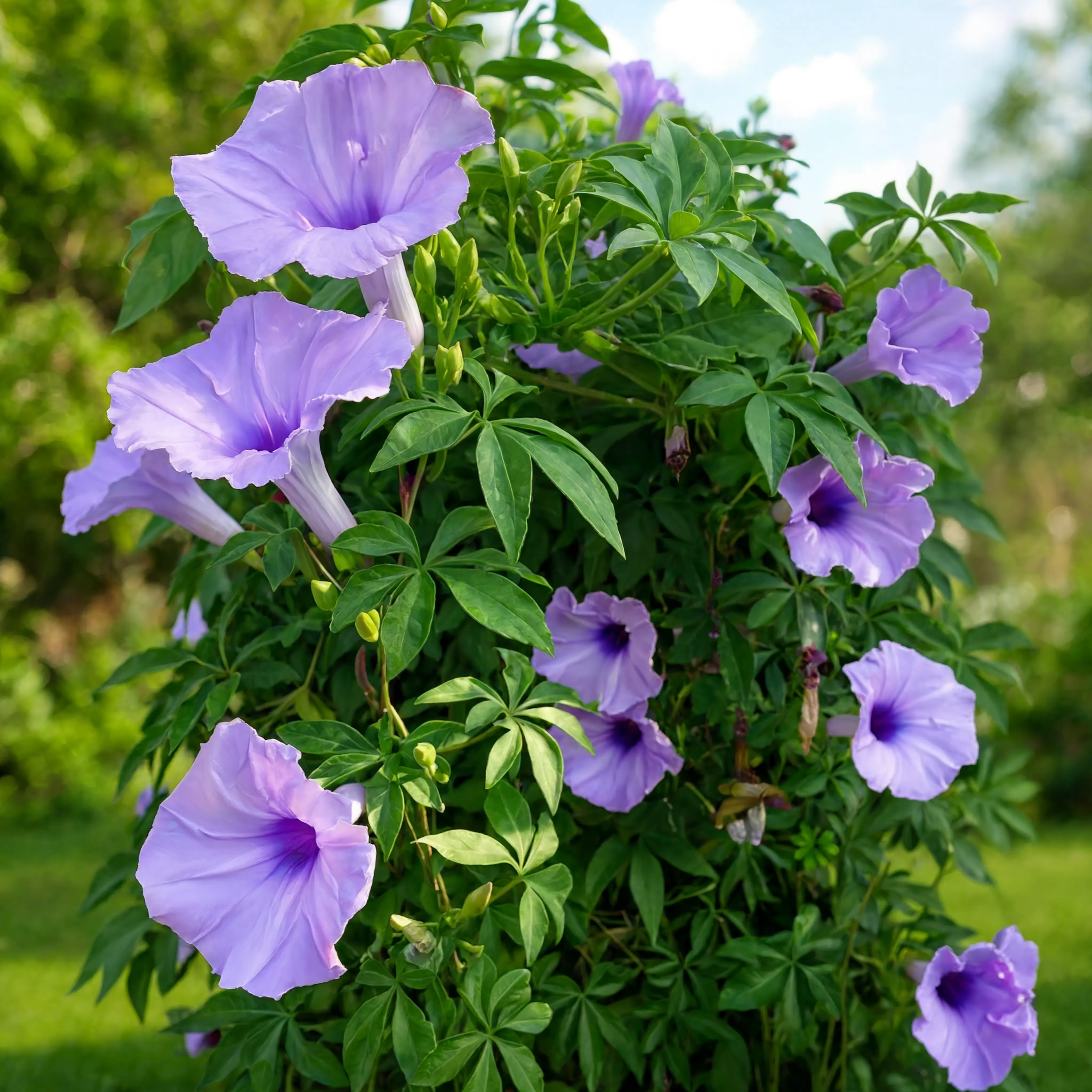 Morning Glory (Ipomoea cairica) outdoor climbing plant in nursery pot for gardens and landscaping in Dubai UAE
