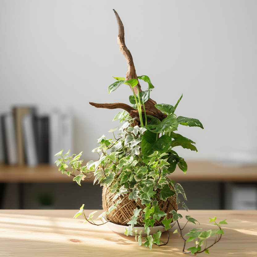 Potted plant with a decorative branch on a wooden table