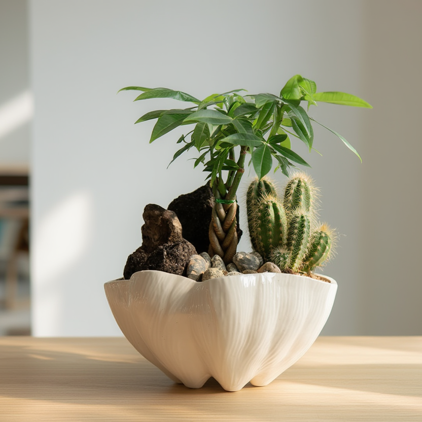 Potted plant with a small cactus and decorative elements on a wooden surface.