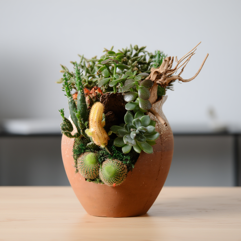Decorative terracotta pot with plants and a banana on a wooden surface.