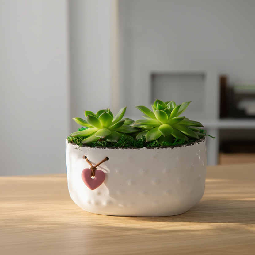 Small potted succulent plant in a decorative pot on a wooden surface with a blurred indoor background.