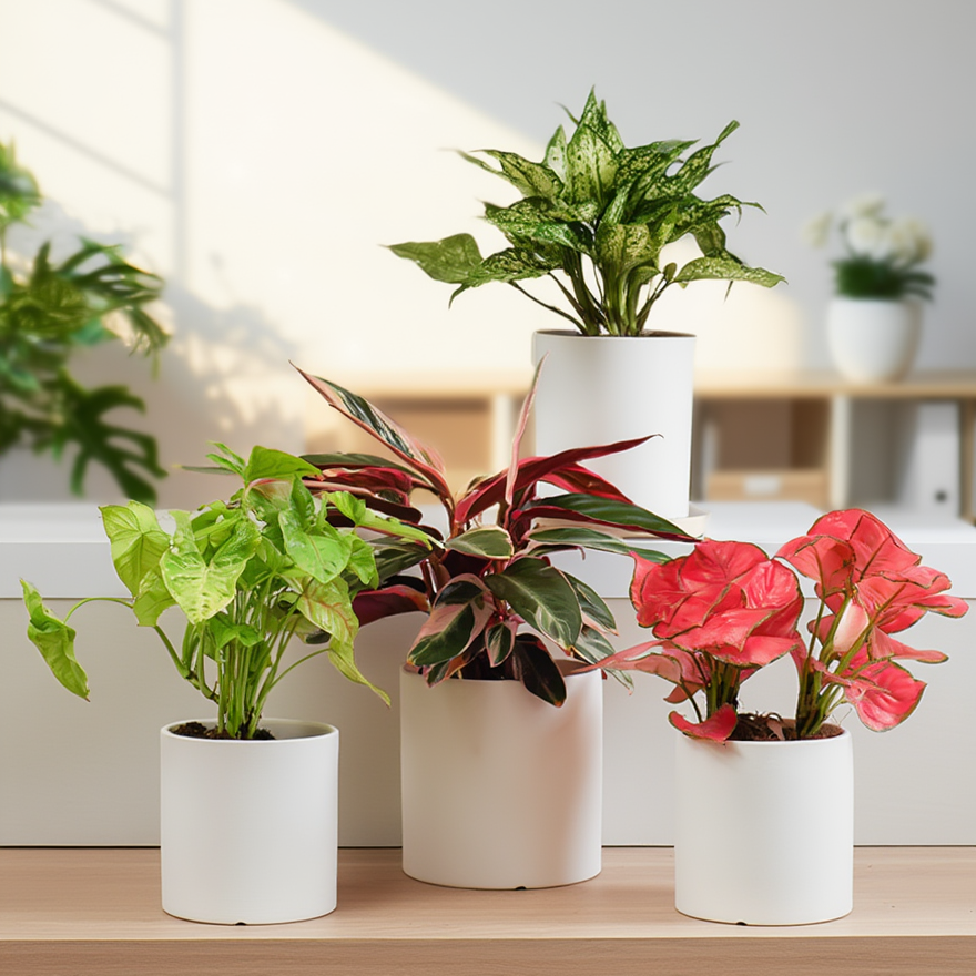 Set of potted plants on a wooden surface with a blurred indoor background