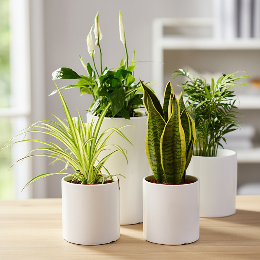 Four potted plants on a wooden surface with a blurred indoor background