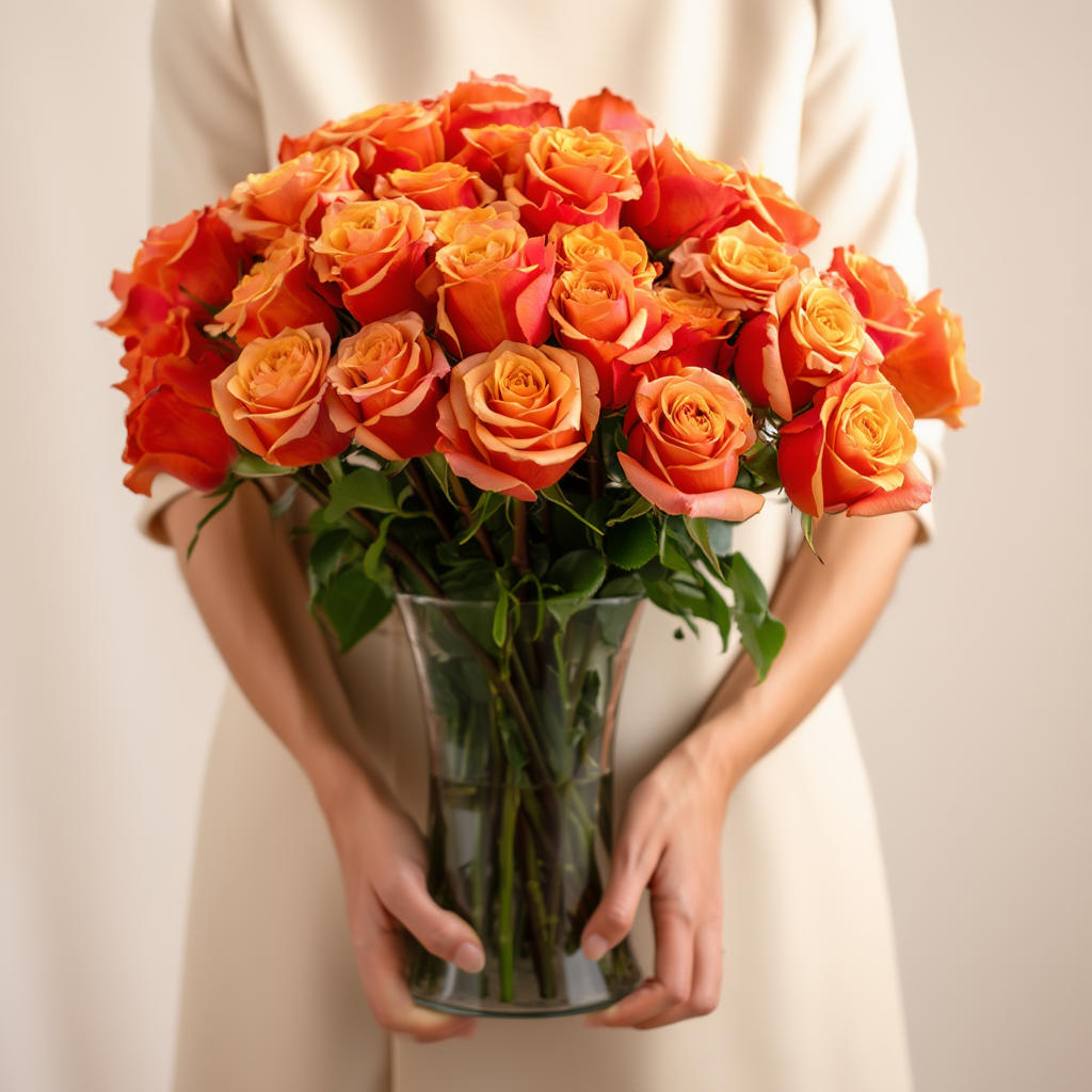 Orange roses Glass vase