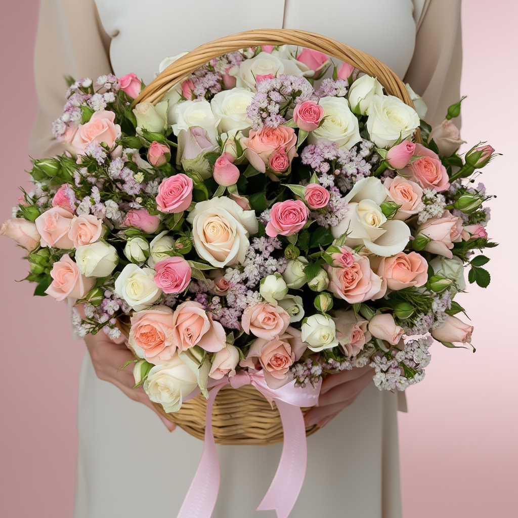 Elegant pastel flower basket box with roses, orchids, and Eustoma beautifully arranged in a luxury floral basket with soft pastel colors.