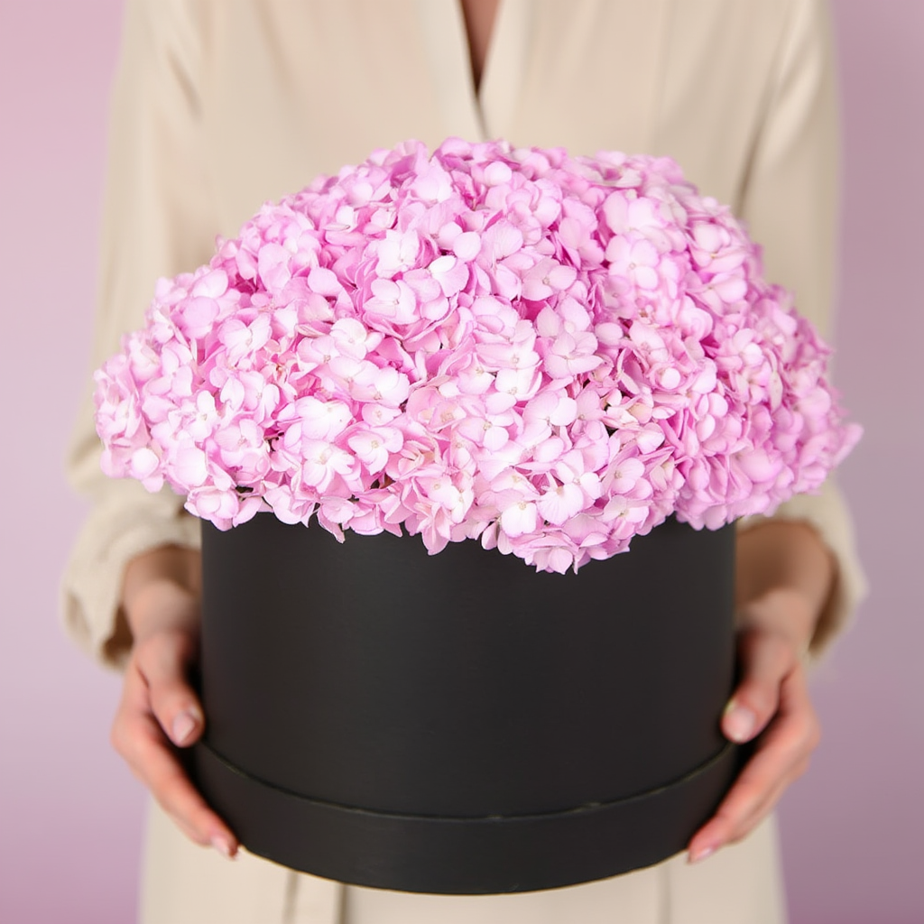 Luxury black flower box with blue hydrangeas