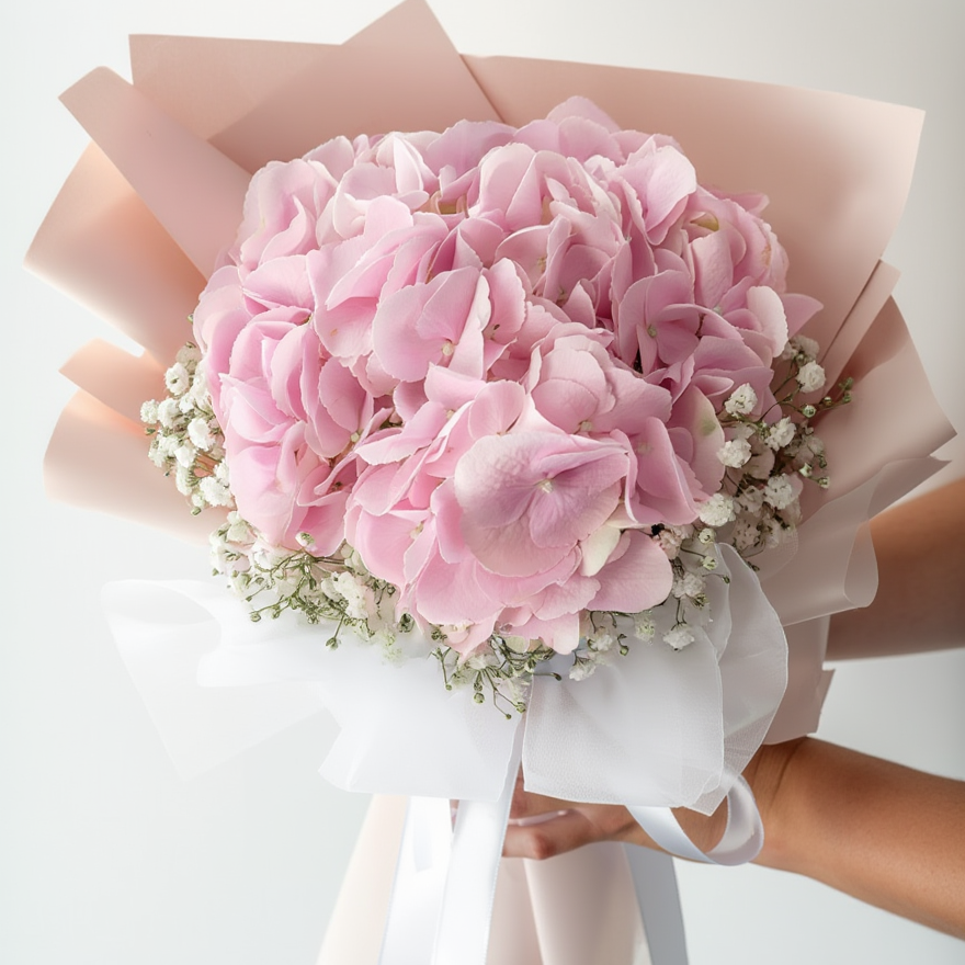 Bouquet of pink flowers with a white ribbon held by a person against a light background