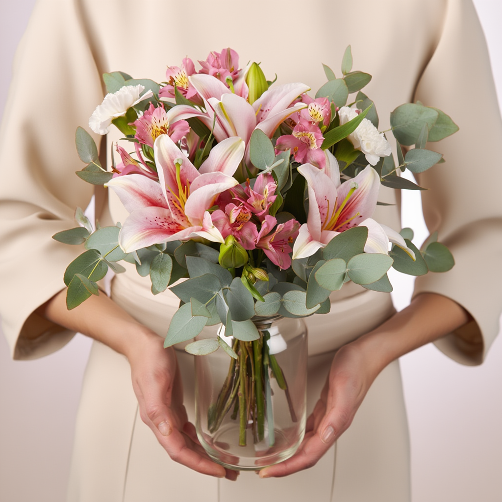 Bouquet of pink and white flowers held by a person wearing a beige coat.