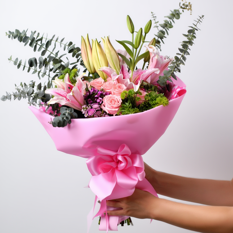 Bouquet of flowers wrapped in pink paper with a pink ribbon, held against a light background.