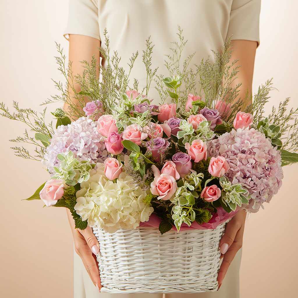 Elegant pastel blooming basket box with hydrangea, roses, orchids, Eustoma, and lilies beautifully arranged in a luxury floral design.