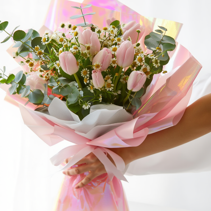 Bouquet of pink tulips wrapped in colorful paper held by a person on a white background