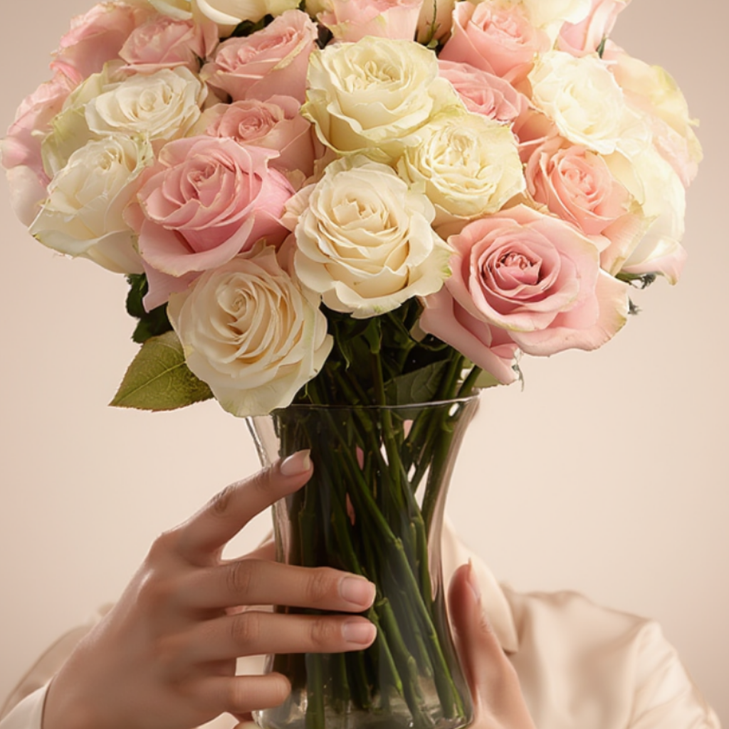 Bouquet of pink and white roses in a glass vase held by a person against a beige background