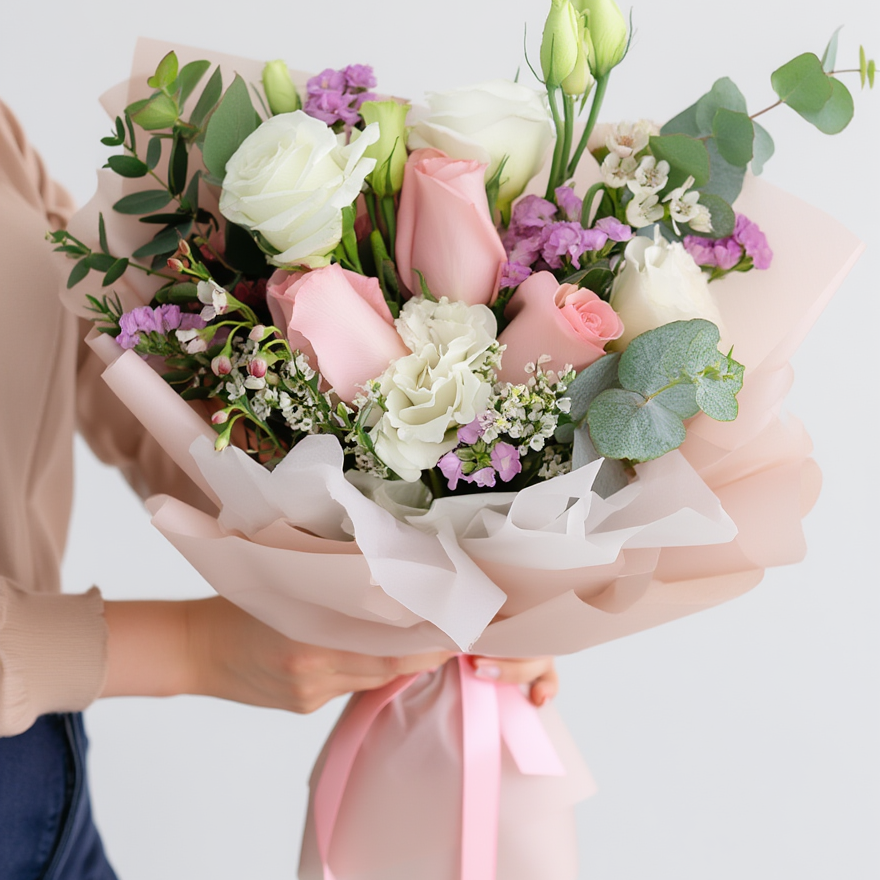 Bouquet of flowers held by a person with a light background