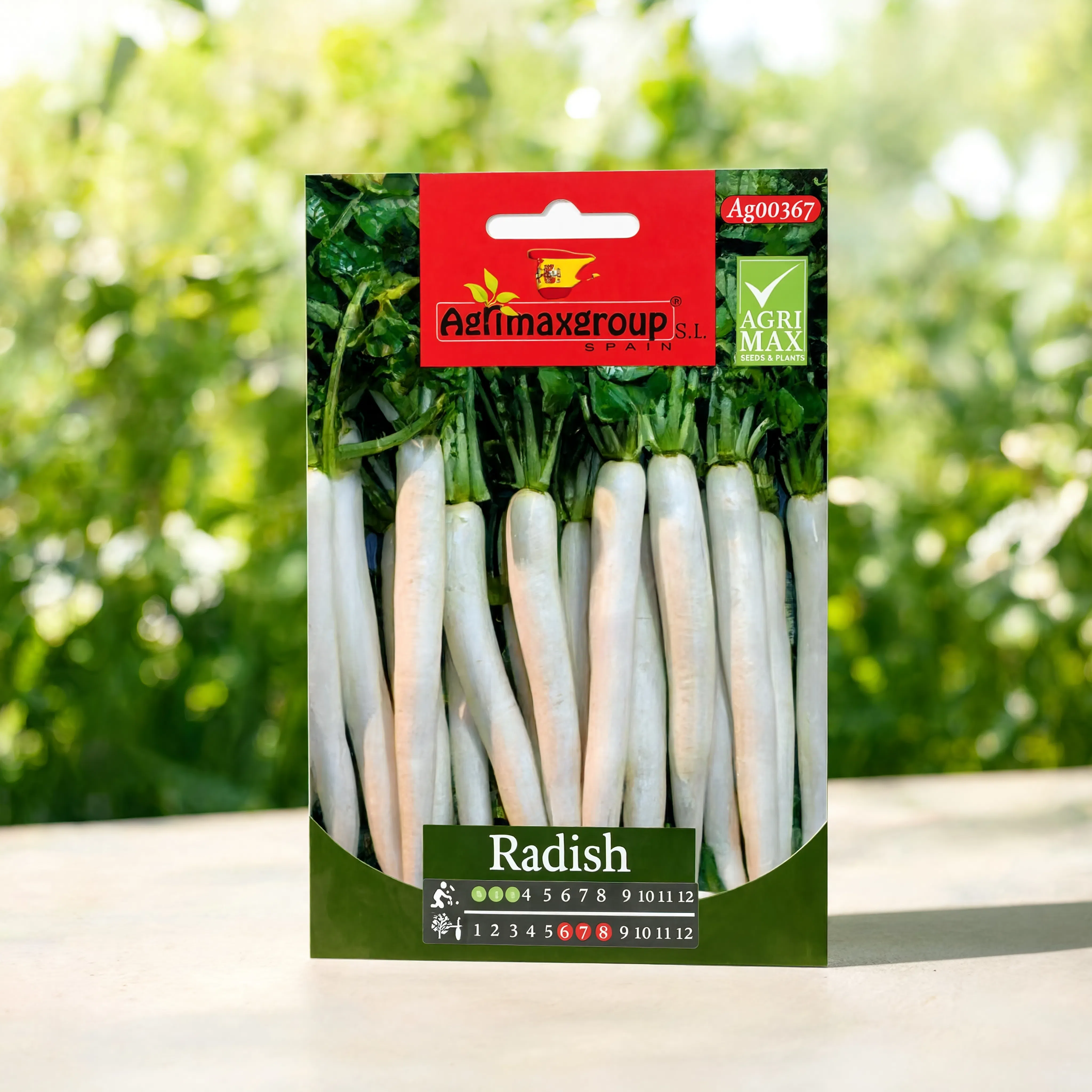 Agrimax White Radish seeds packet for growing long white daikon radishes in home gardens, raised beds, containers, and vegetable farms.