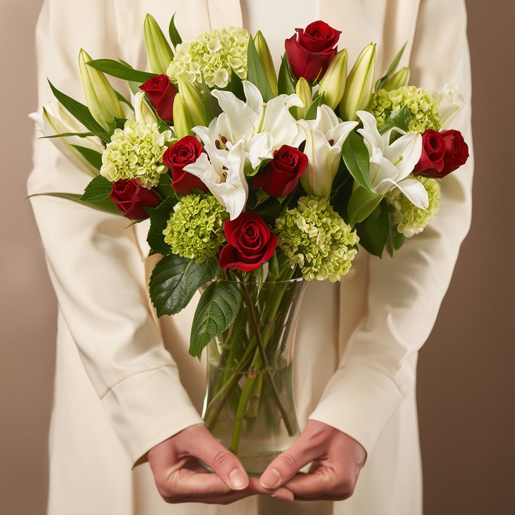 Bouquet of red roses, white lilies, and green hydrangeas held by a person in a white coat.