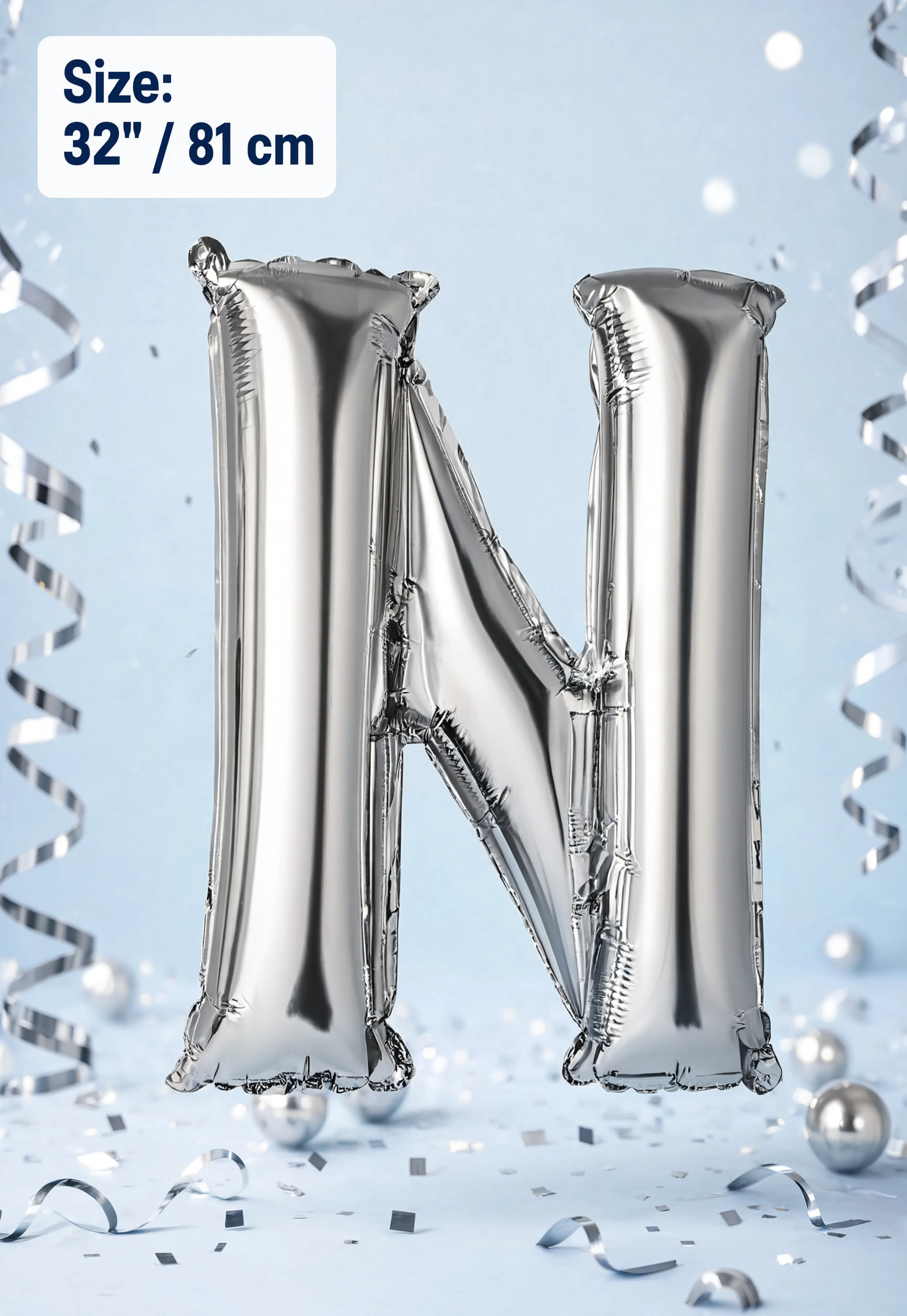Silver Letter N foil balloon 32 inch (81 cm) metallic alphabet balloon for birthday, wedding, baby shower, anniversary, party decoration and same-day balloon delivery in Dubai.