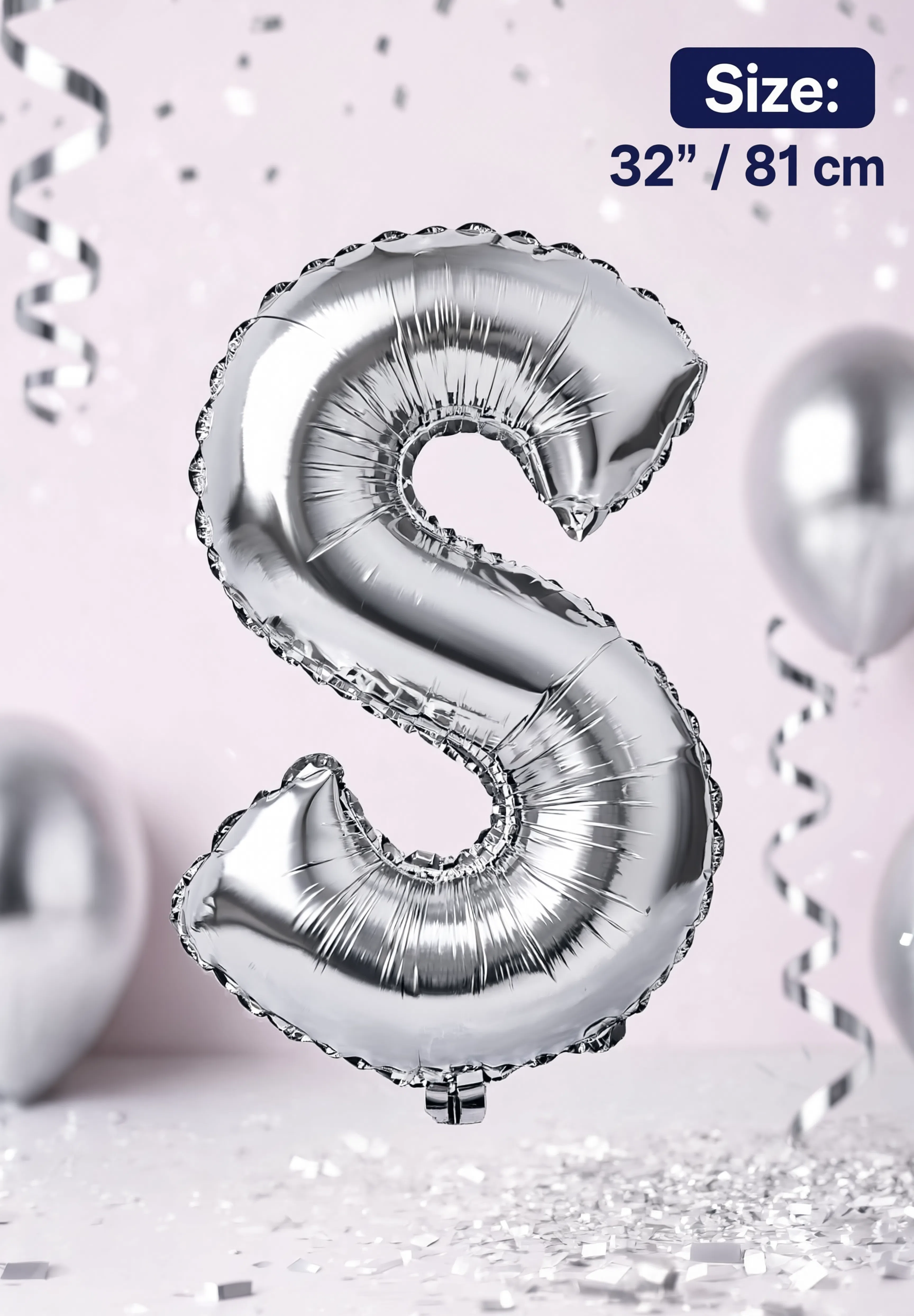 Silver Letter S foil balloon 32 inch (81 cm) metallic alphabet balloon for birthday, wedding, baby shower, anniversary, party decoration and same-day balloon delivery in Dubai.
