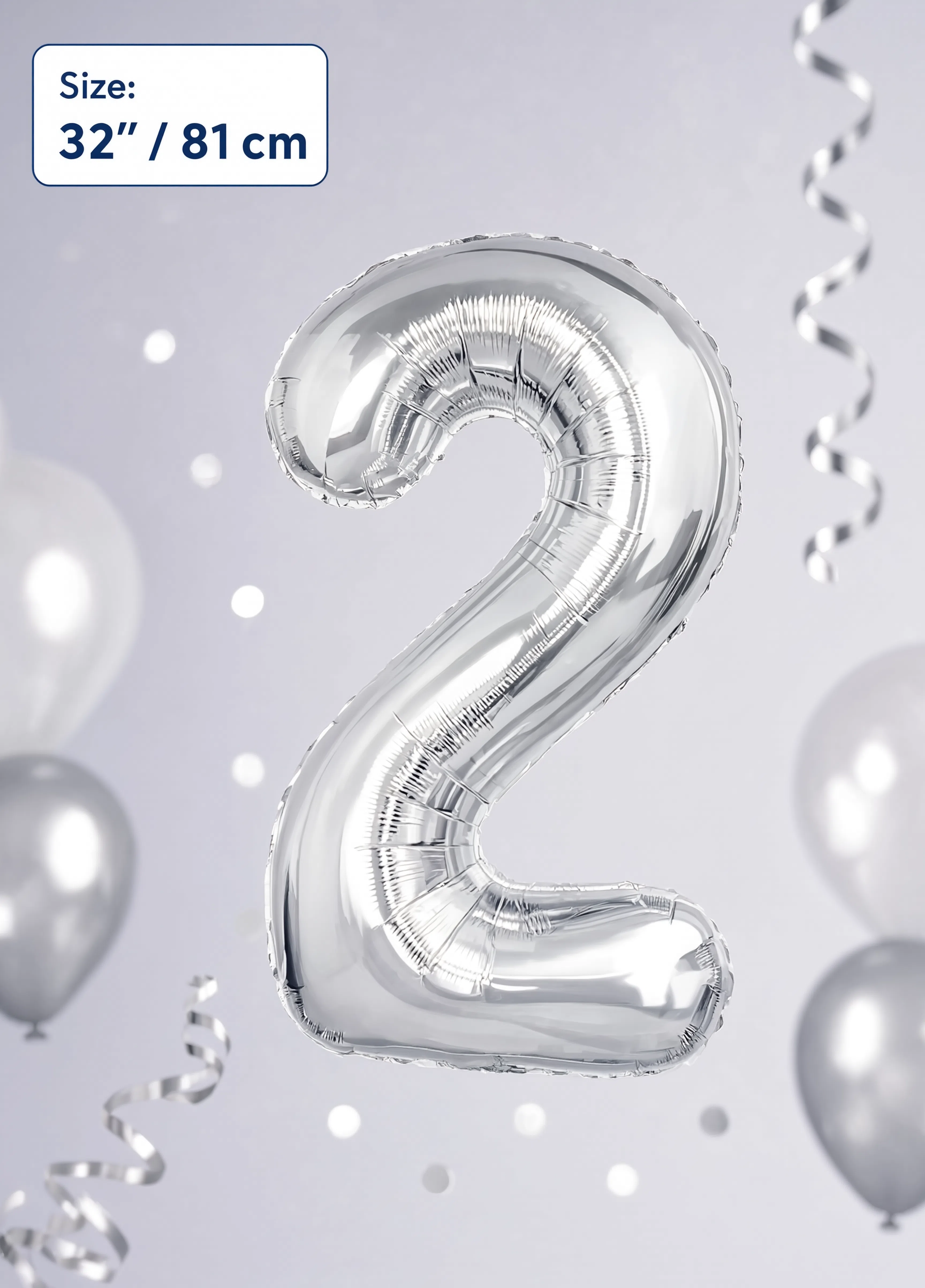 32 Inch Silver Number 2 Foil Balloon for Birthday, Anniversary and Party Decorations in Dubai UAE