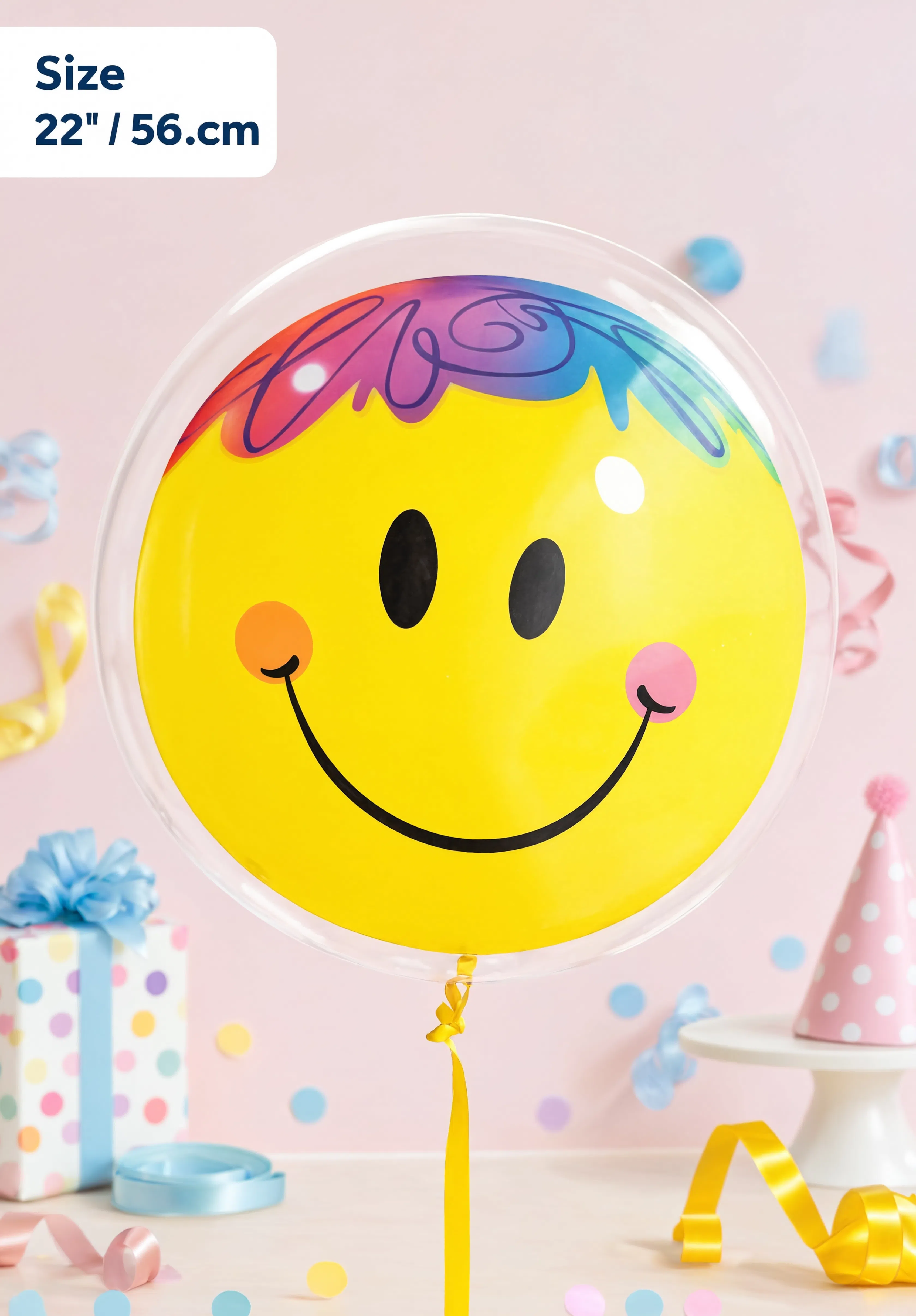 Smiley face balloon with colorful hair against a pink background with confetti and party decorations.
