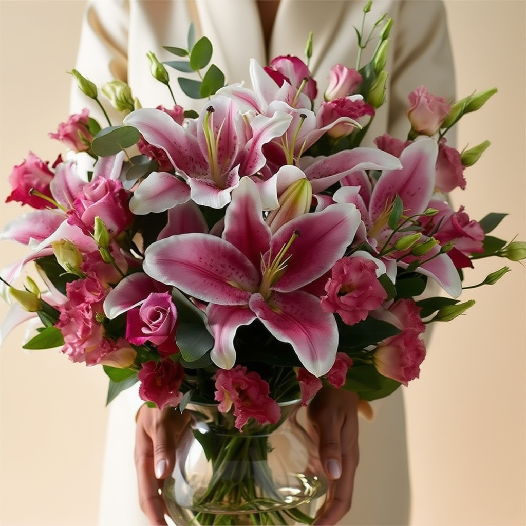 Bouquet of pink and white lilies held by a person against a beige background