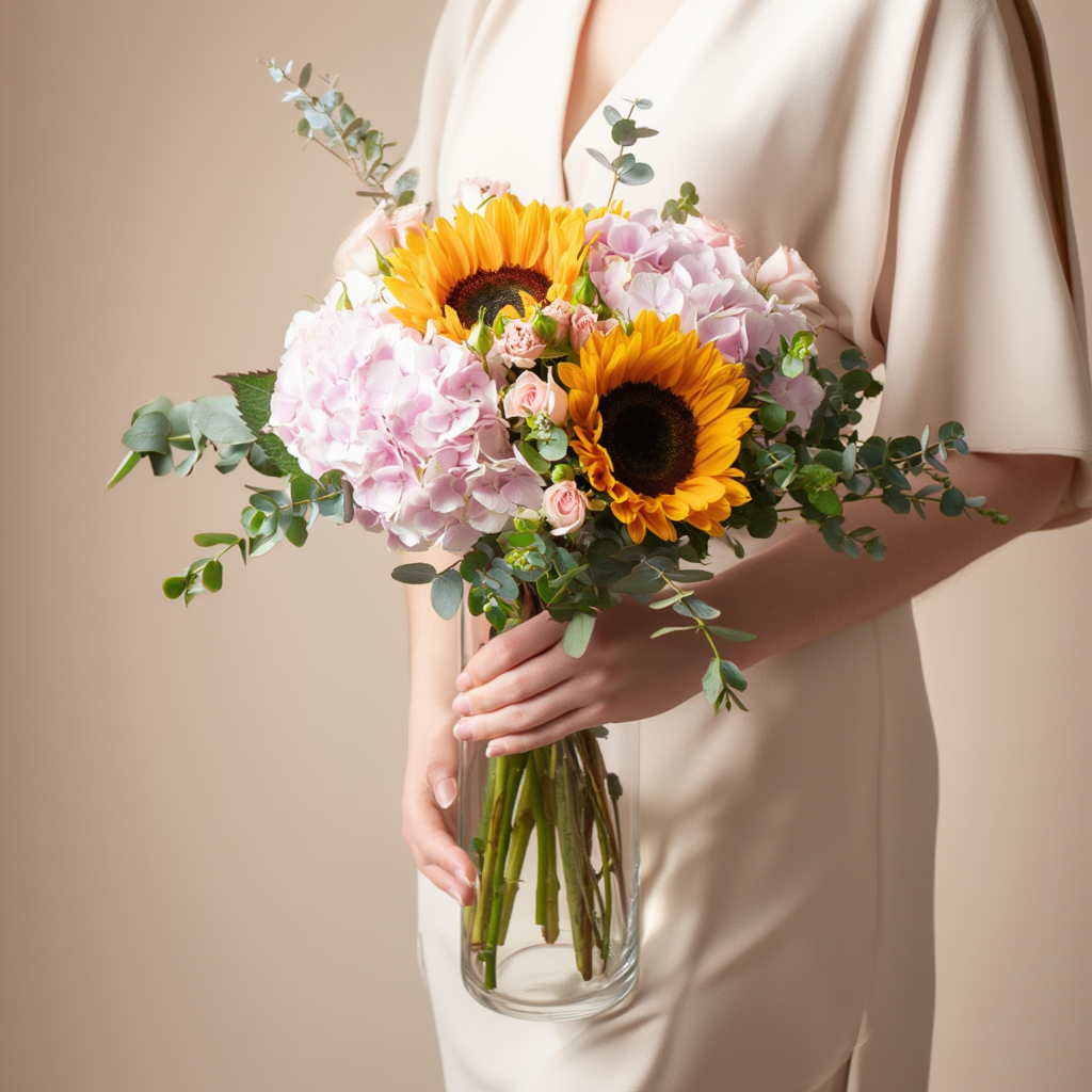 Person holding a bouquet of flowers with a plain background
