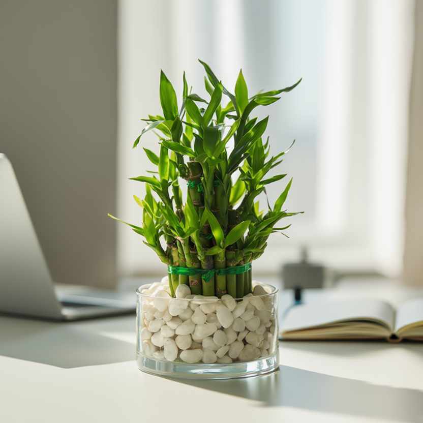 Lucky Bamboo Hydroponic Plant in Glass Bowl with White Pebbles