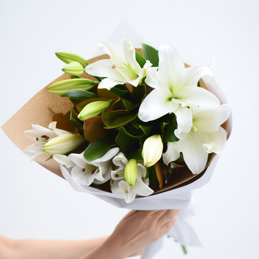 Bouquet of white and green flowers held by a person on a light gray background