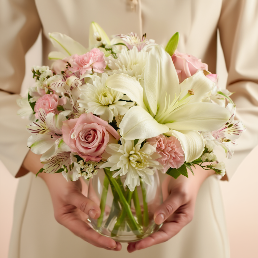 Bouquet of flowers held by a person in a neutral setting