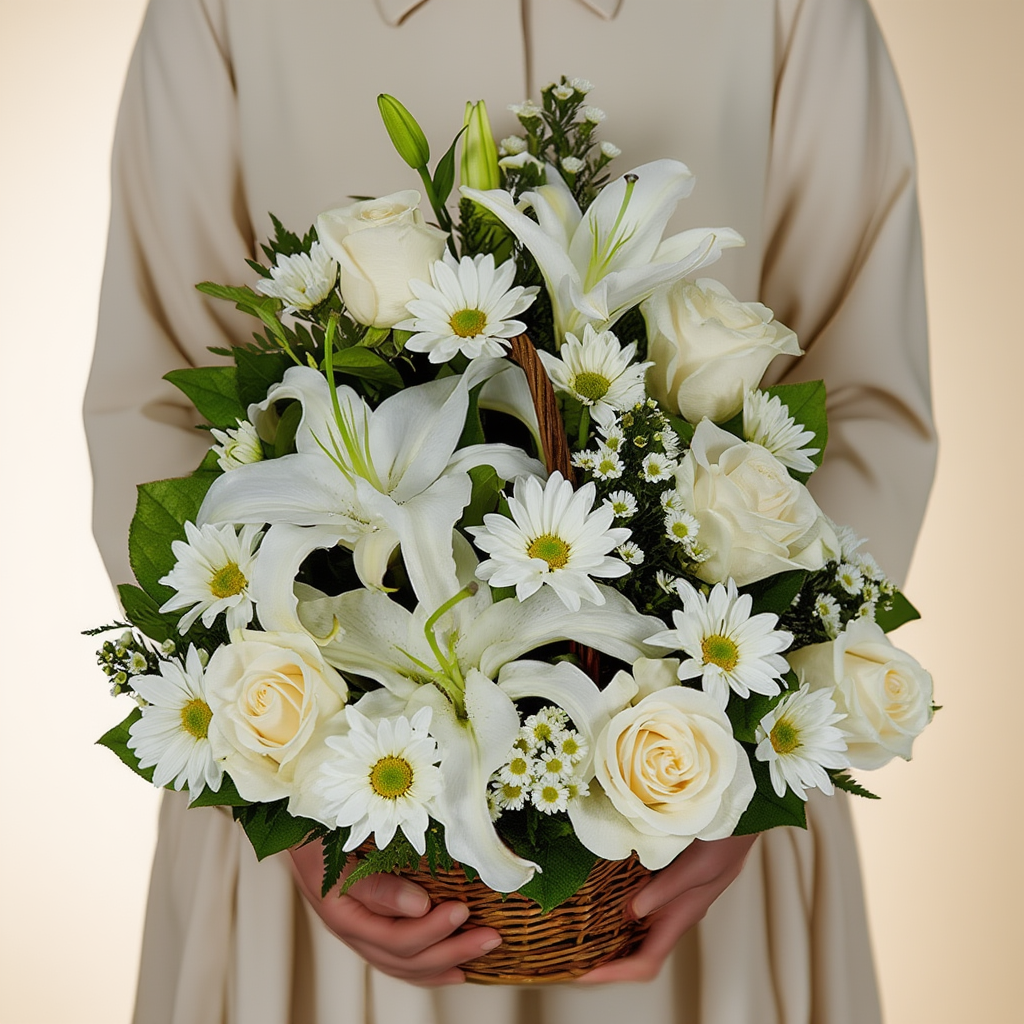 Elegant pyramid-style basket arrangement with white roses, assorted white flowers, and seasonal foliage beautifully crafted in a luxury floral design.
