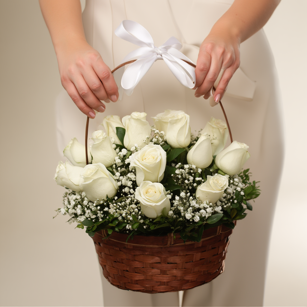 Elegant wooden basket arrangement with 12 white roses, seasonal foliage, and delicate fillers beautifully crafted in a luxury floral design.