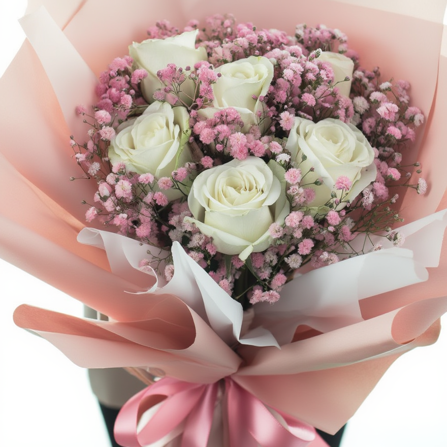 White roses pink gypsophila