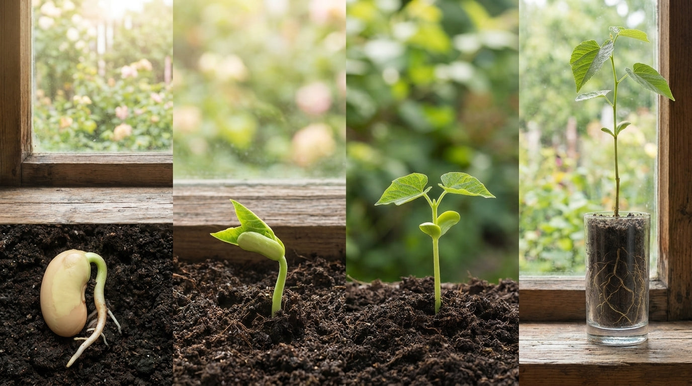 Four-stage seed germination and plant growth timeline showing a bean seed sprouting, developing into a healthy seedling, and growing into a young plant with visible roots in a glass container by a sunlit window