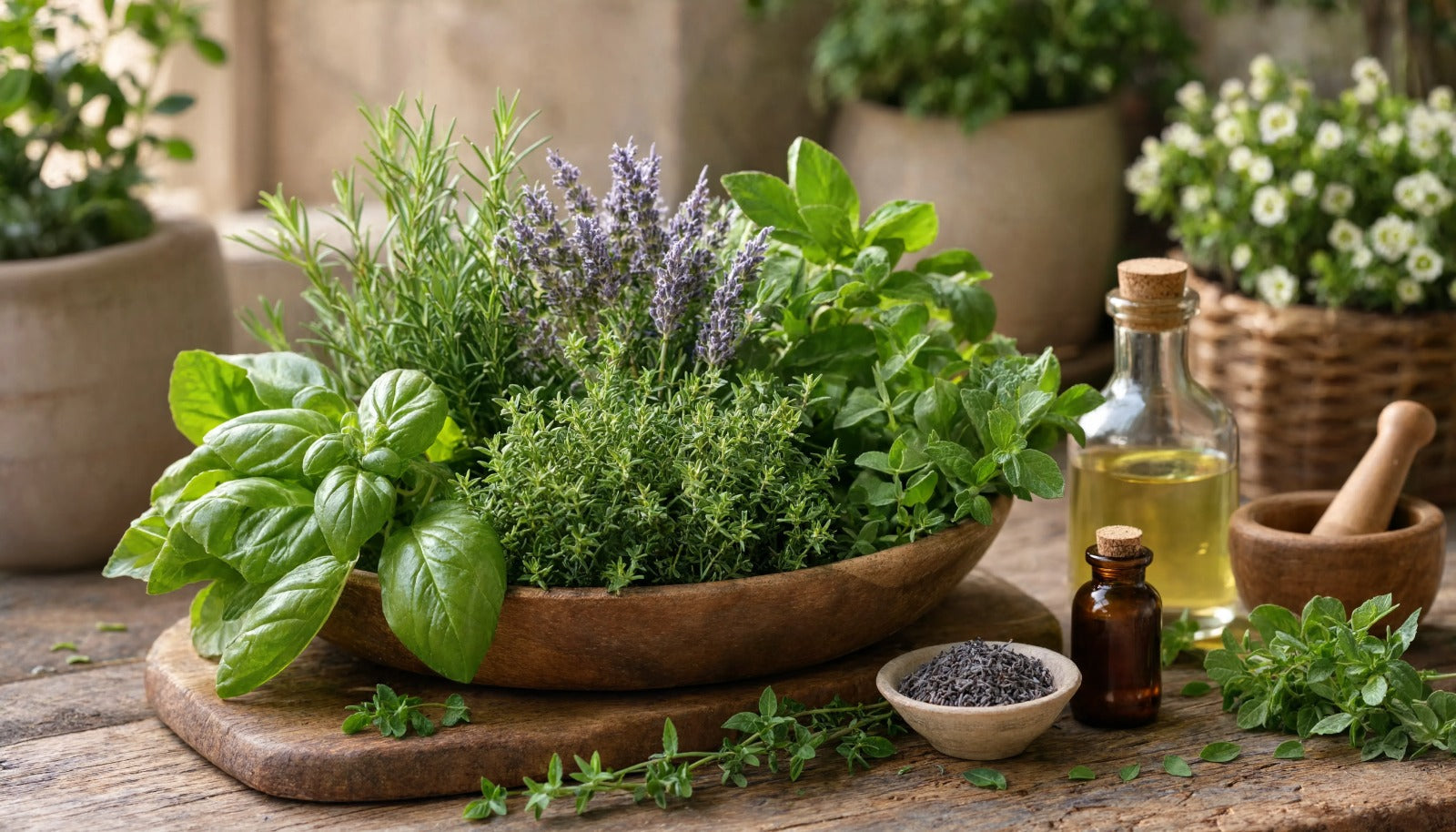 Fresh herbs (basil, rosemary, lavender, thyme) in a wooden bowl, surrounded by essential oil bottles and a mortar and pestle.