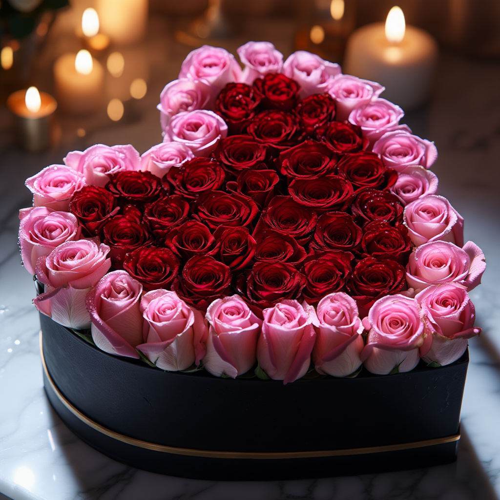 Pink and red roses Heart Box