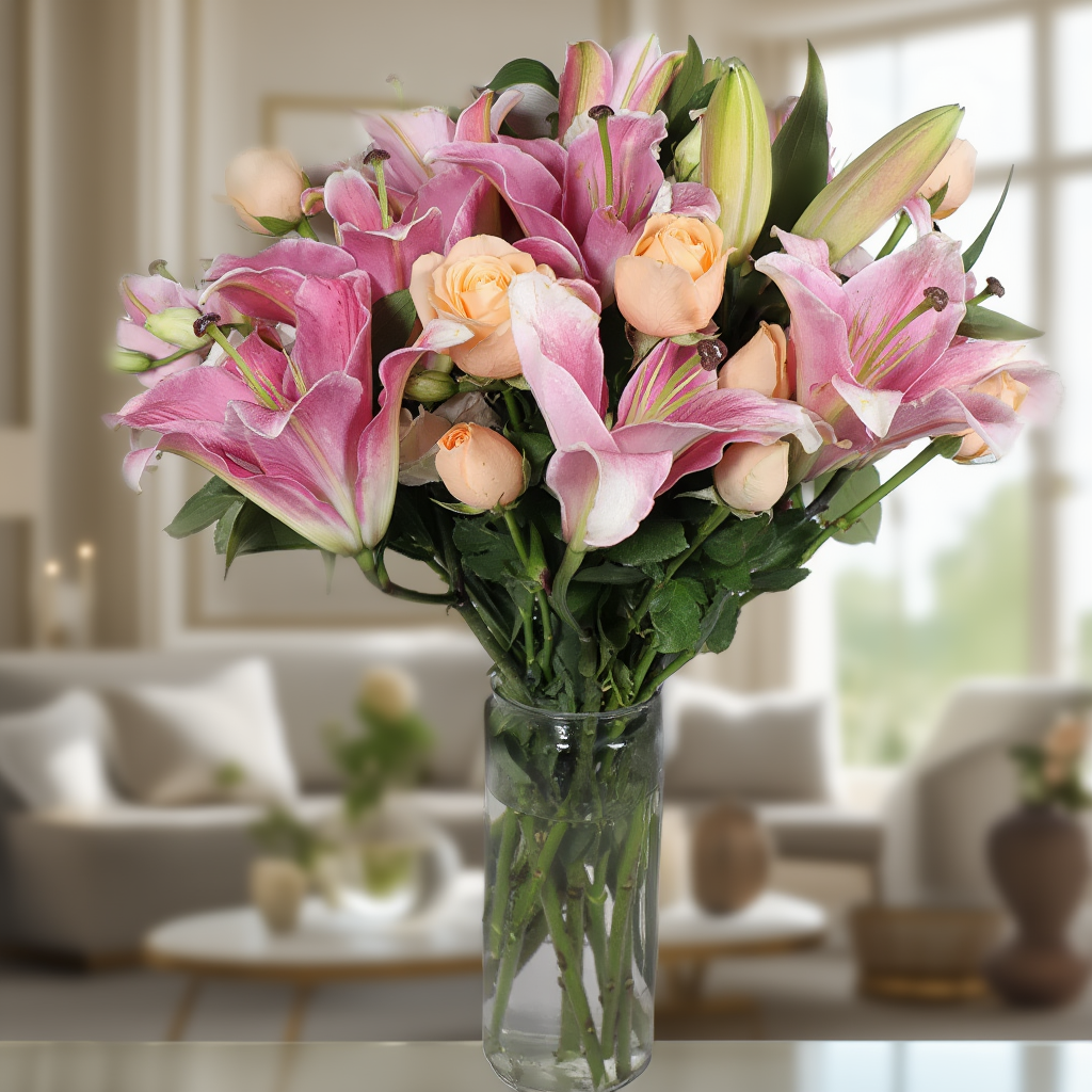 Lilly and peach roses