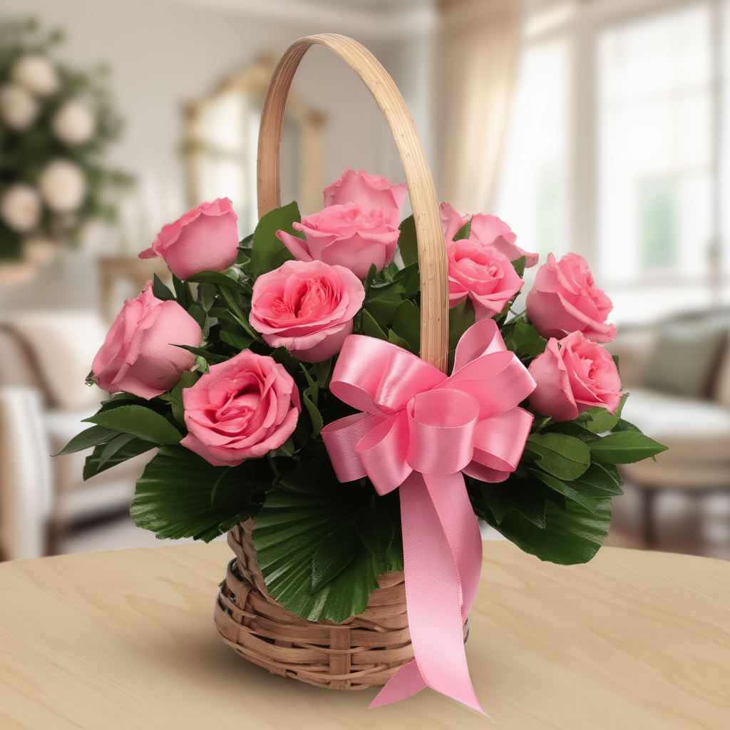 Pink roses basket