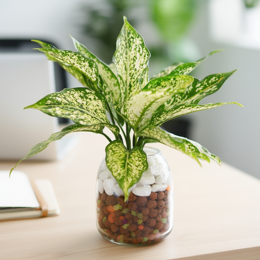 Hydroponic Aglaonema Indoor Desk Plant in Glass Vase – Low Maintenance Office Plant