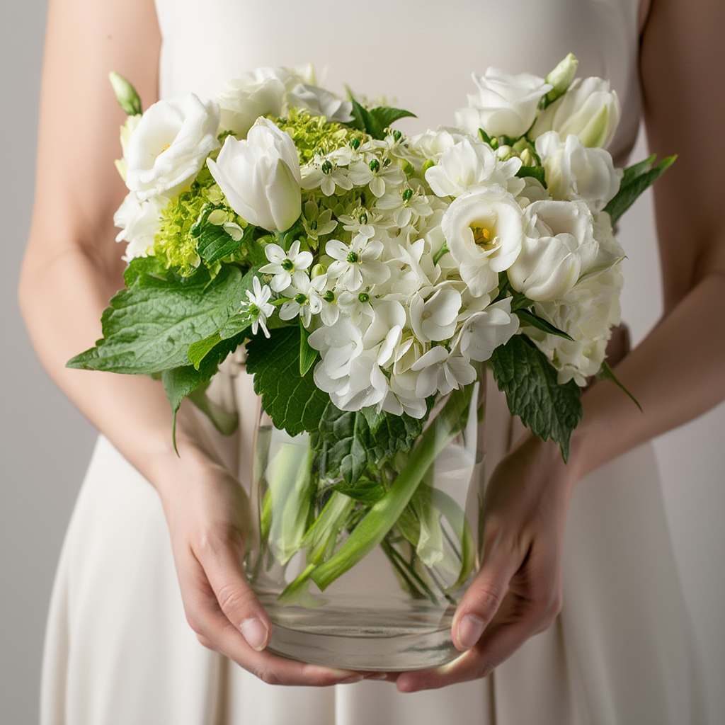 Bouquet of white flowers held by a person wearing a white dress.