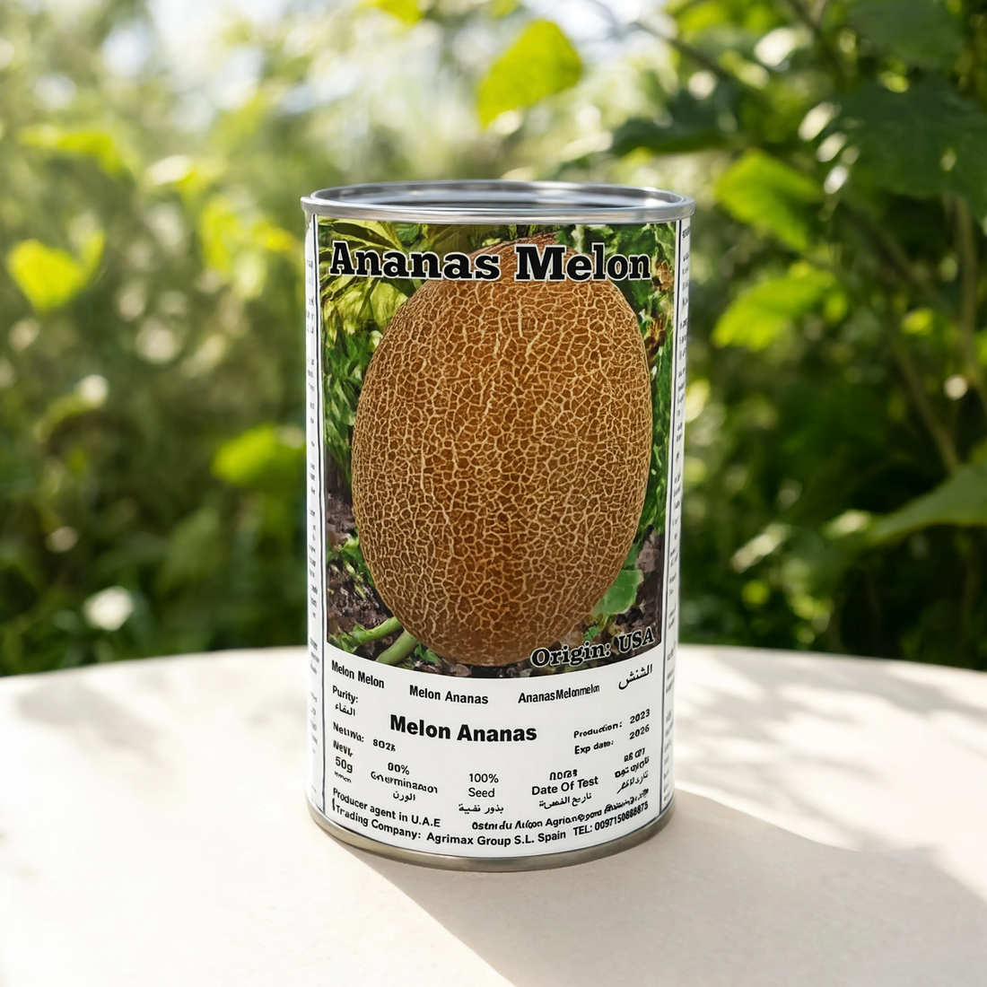 Ananas Melon Seeds 50g tin for growing sweet pineapple-flavored melons in home gardens, farms, and greenhouses.