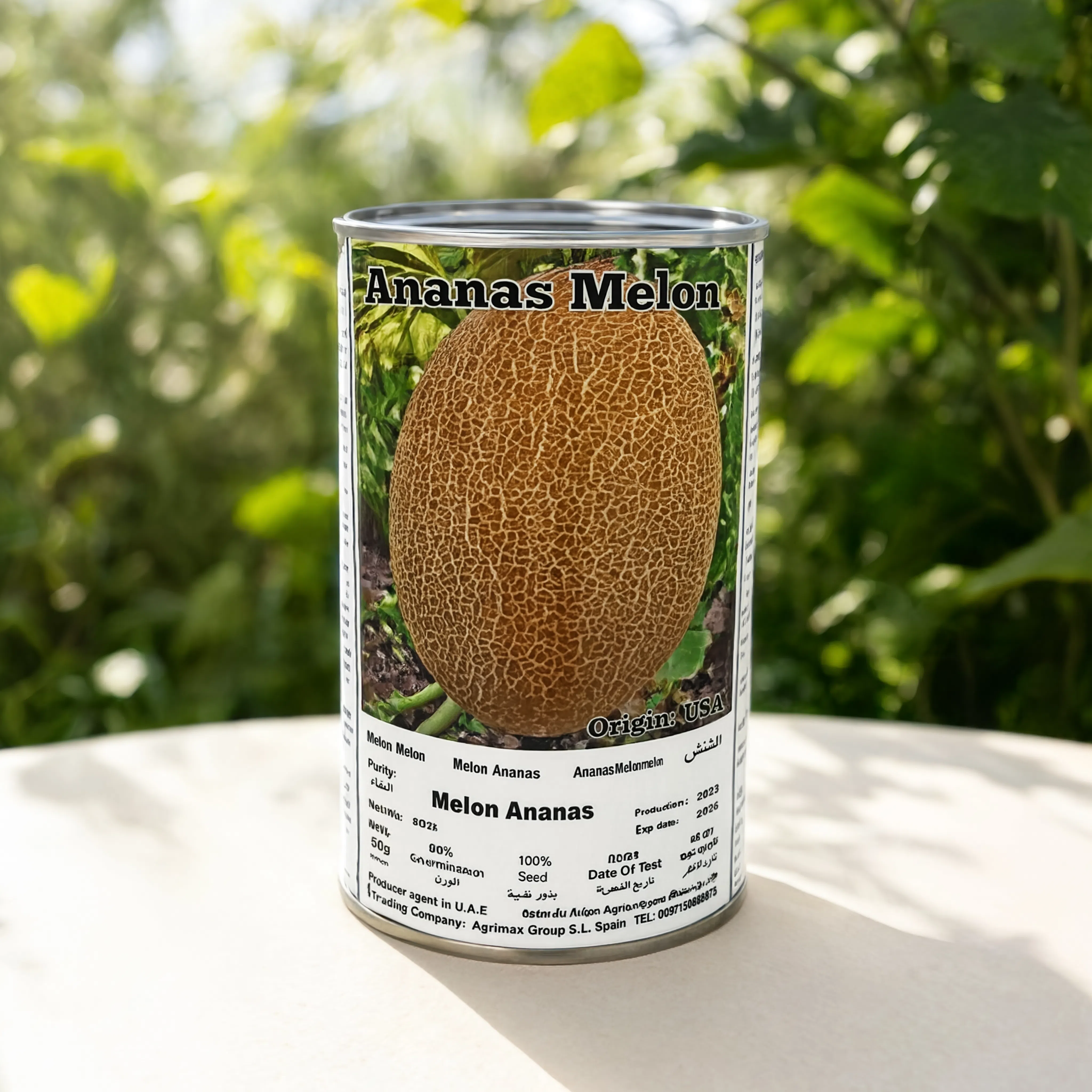 Ananas Melon Seeds 50g tin for growing sweet pineapple-flavored melons in home gardens, farms, and greenhouses.