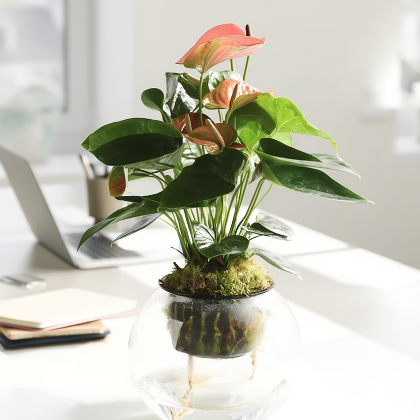 Hydroponic Anthurium Indoor Plant in Glass Vase – Elegant Flowering Office Desk Plant